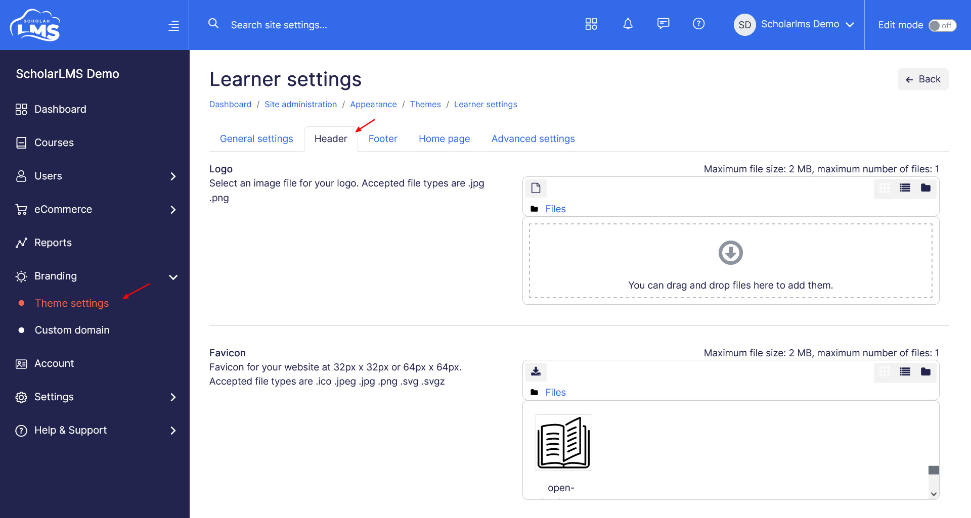 Learner theme header settings