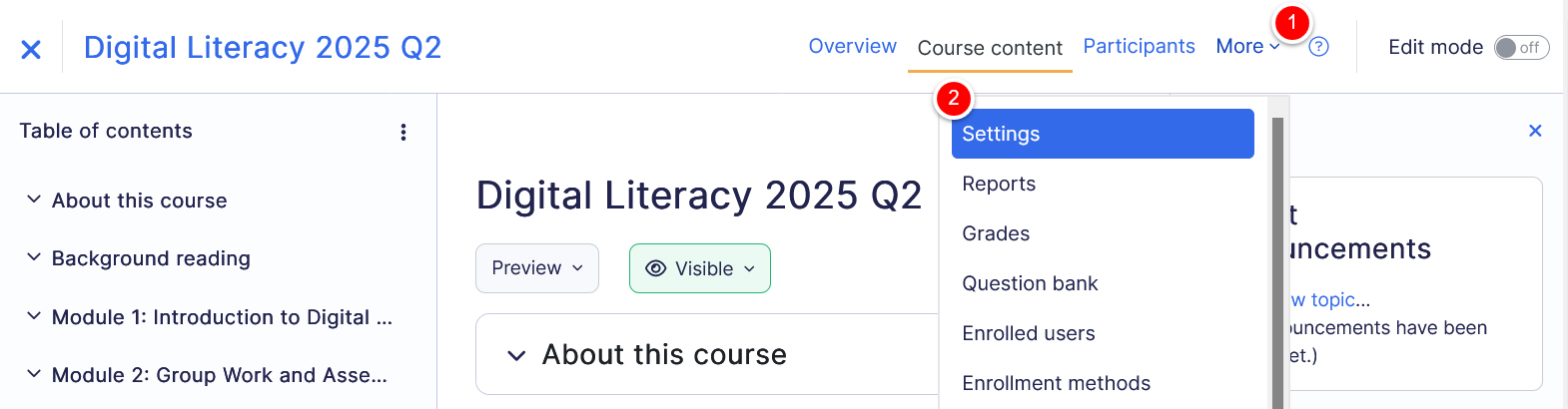 course landing page setting