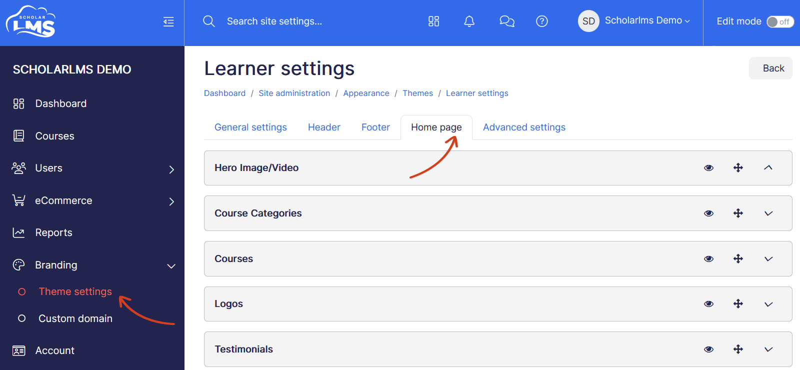 Theme home page settings