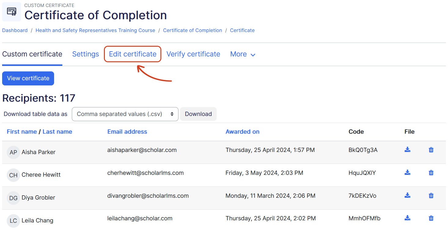 Edit custom certificate link