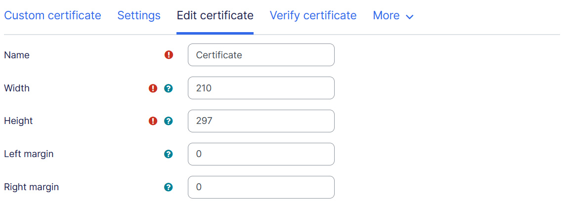 Edit certificate dimensions