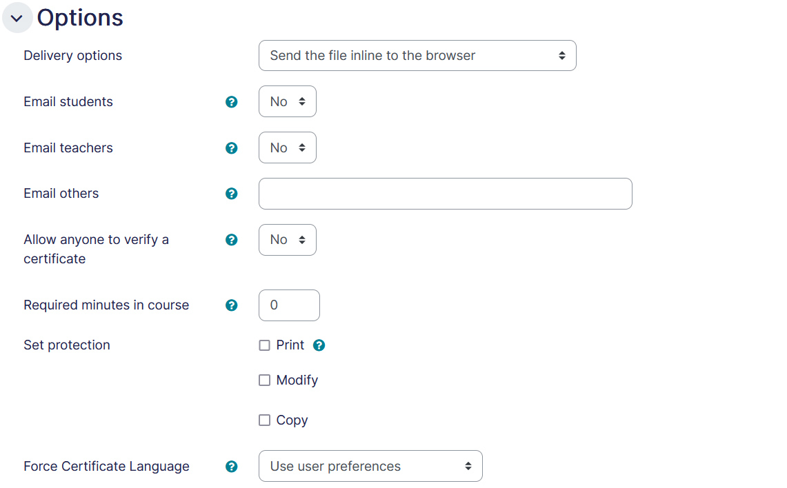 Custom Certificate settings options tab