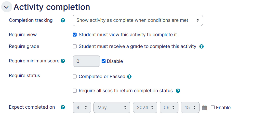 SCORM settings completion tab