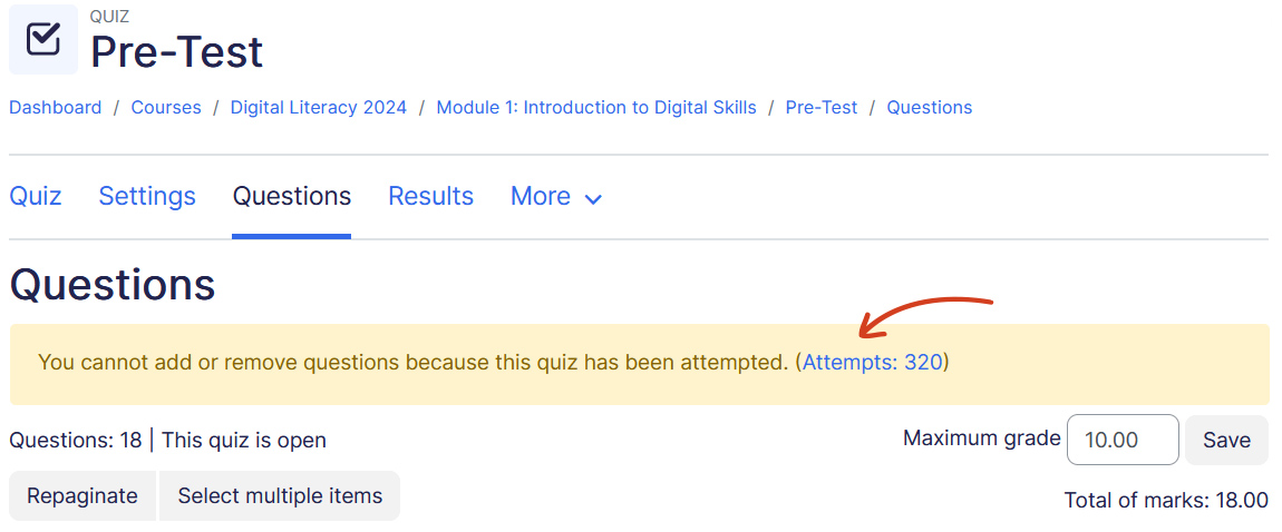 Attempted quiz cannot add questions
