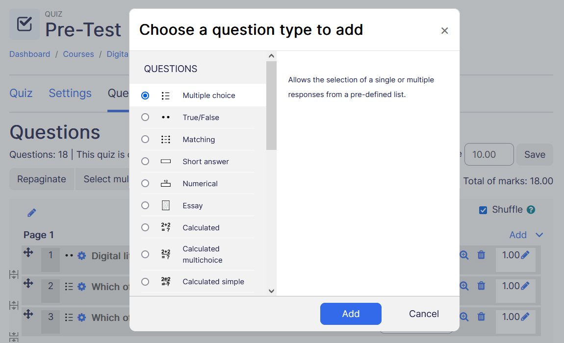 Quiz add question popup