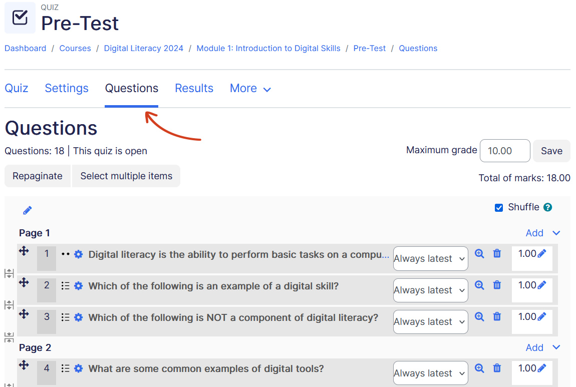 Quiz builder page