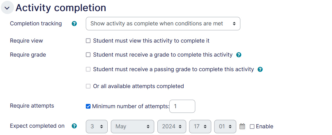 Quiz settings activity completion tab