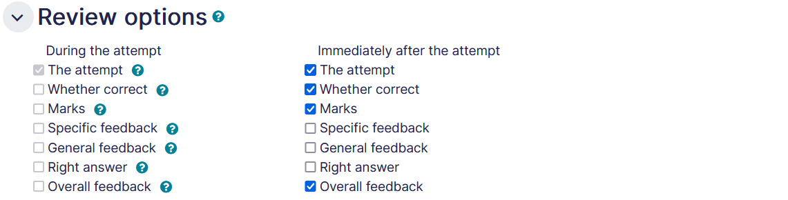 Quiz settings review options tab