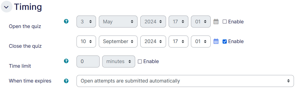 Quiz settings timings tab