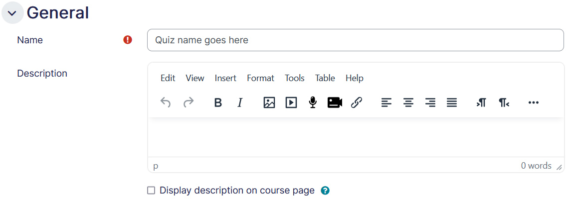 Quiz settings general tab