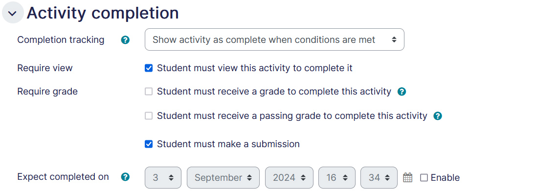 Assignment settings completion tab