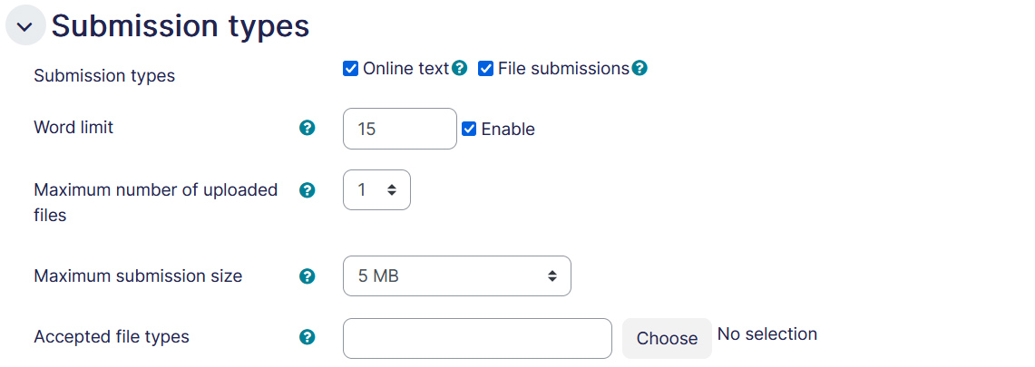Assignment settings submissions type tab