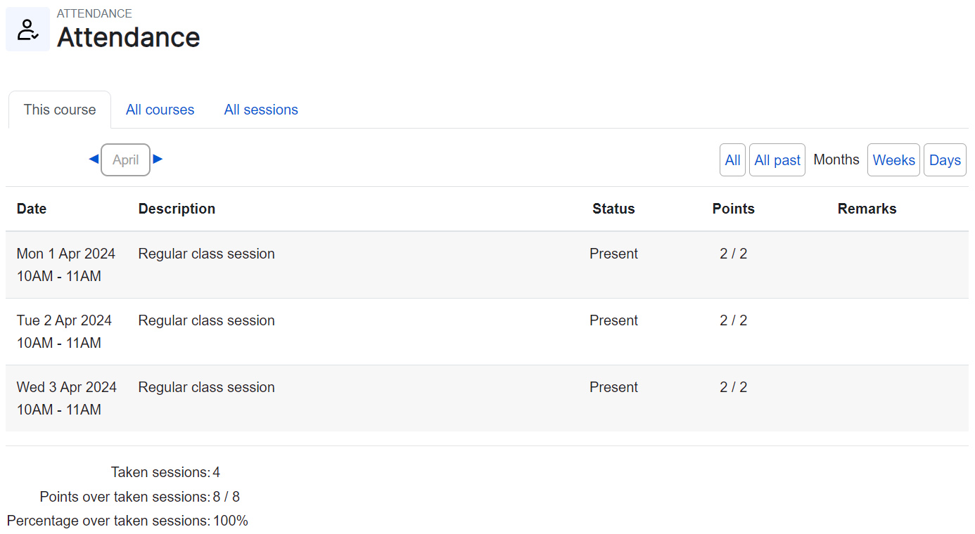 Student attendance page view