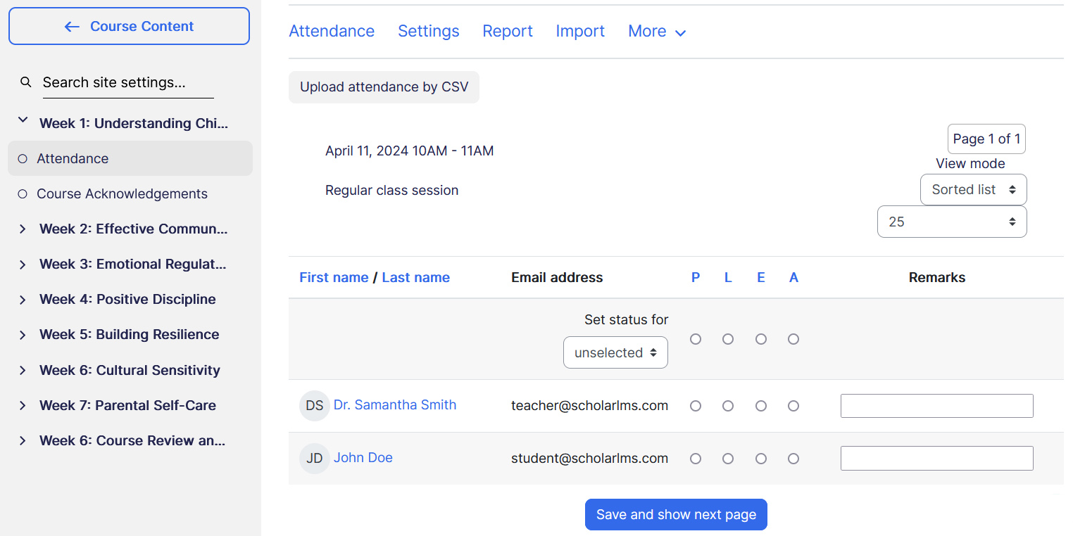 Attendance take session page