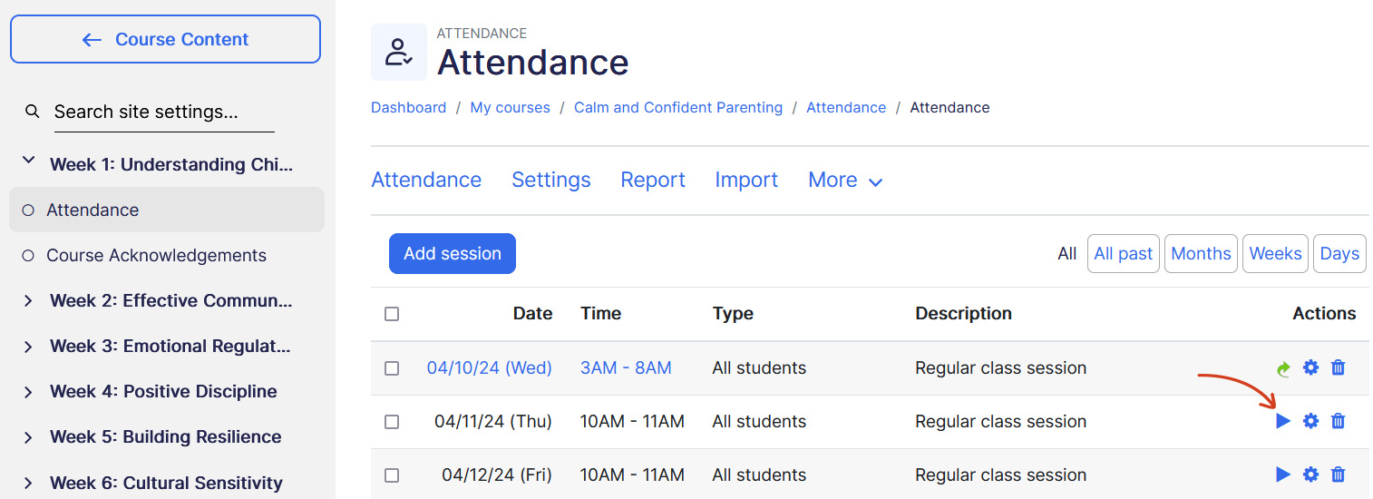 Attendance take session button