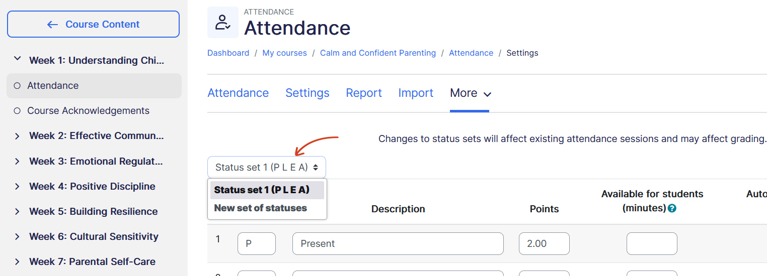 Attendance define custom status set