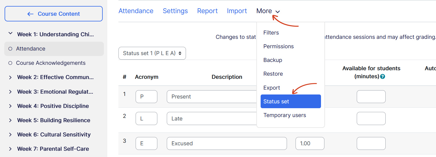 Attendance status set and marking page