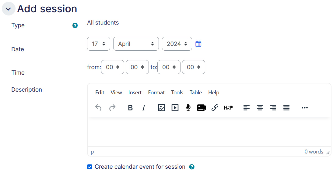 Attendance Add session tab