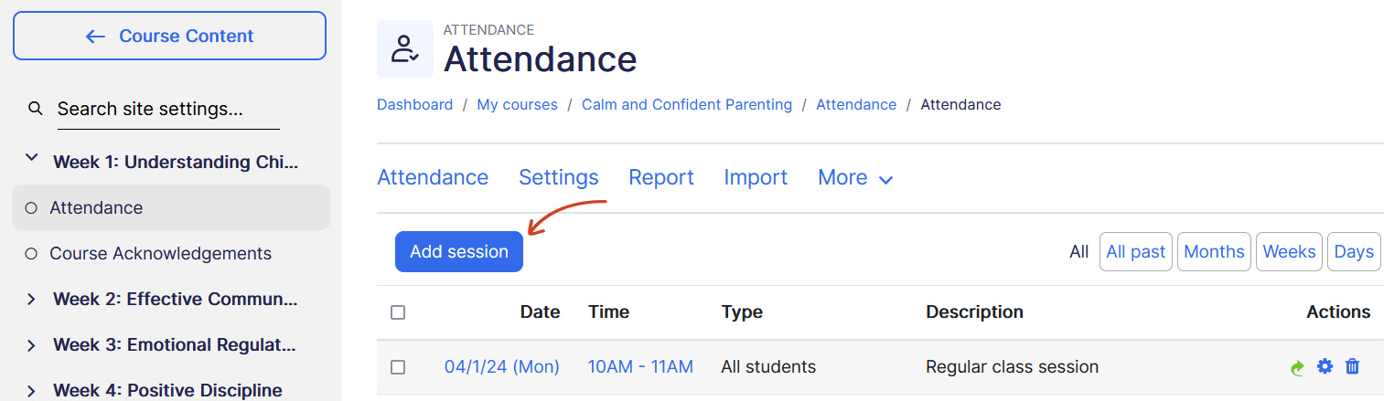 Attendance add session button