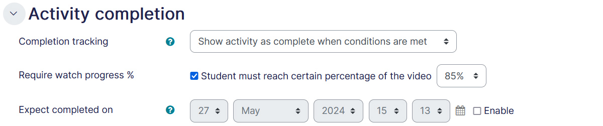 Video settings completion