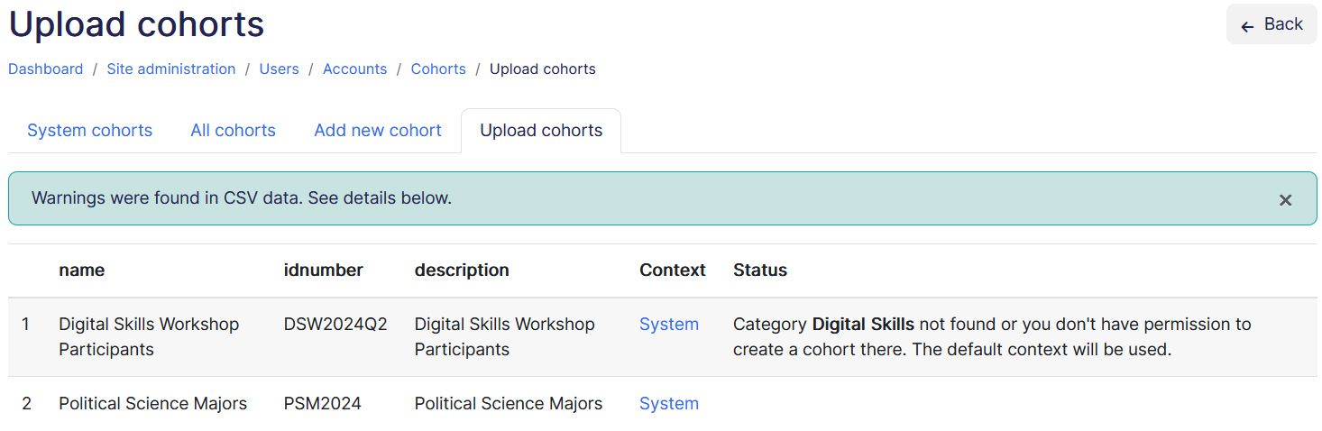Bulk upload cohort preview page