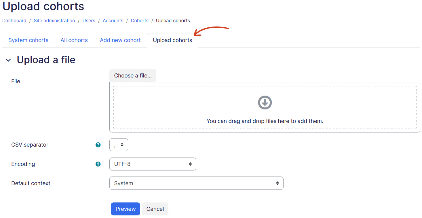 Upload cohorts page