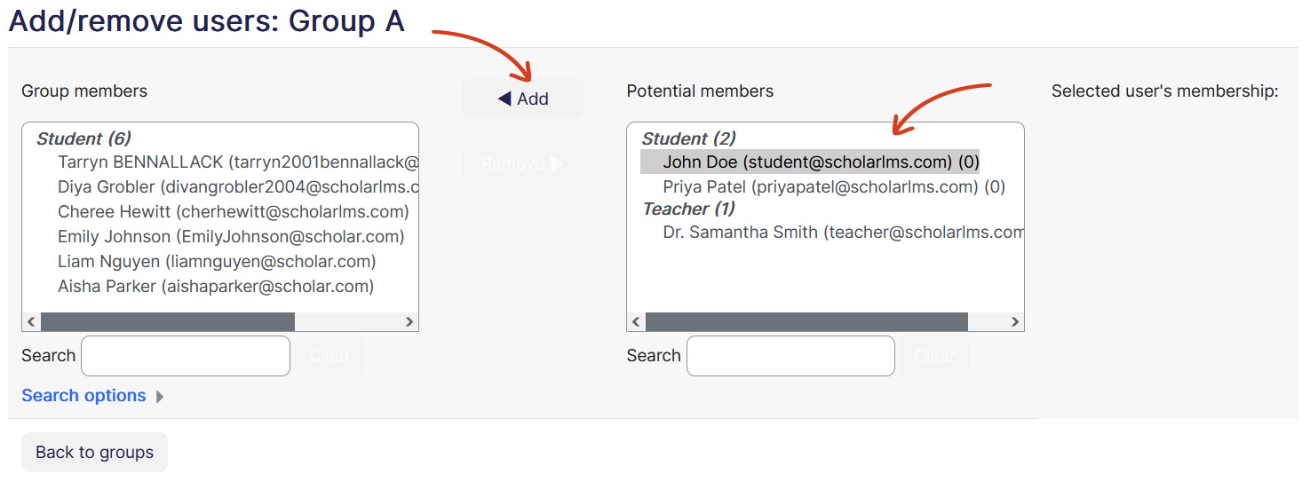 Course add remove group user page