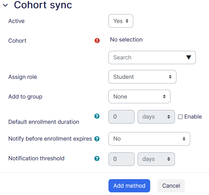 Cohort sync settings page