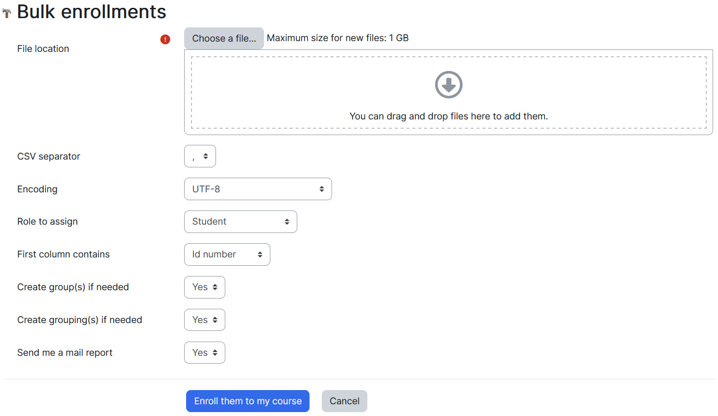 Bulk enrollment page options