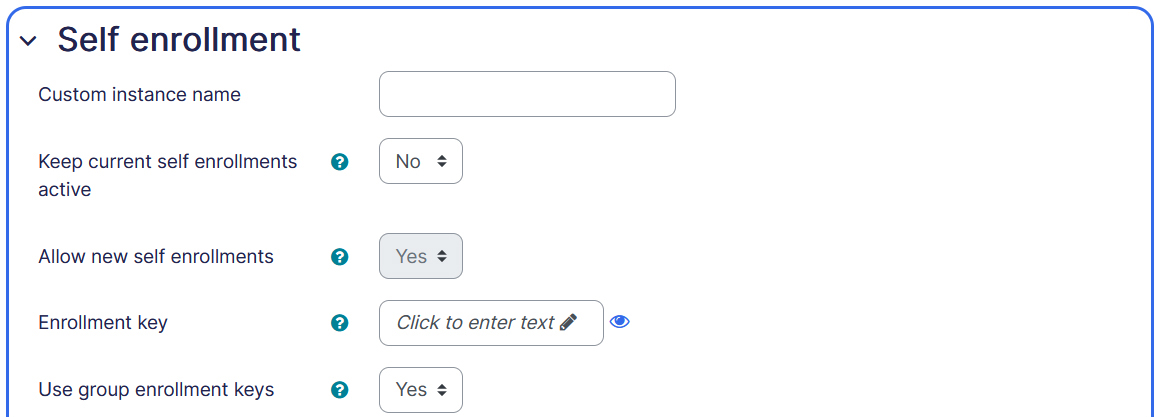 Course self enrollment settings page