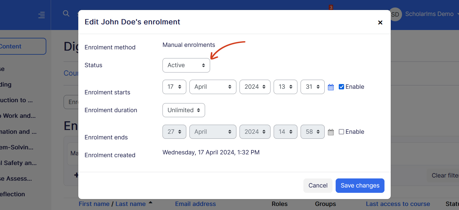 Course user enrollment suspend status