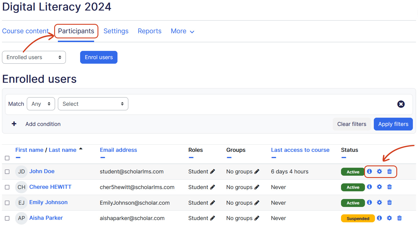 User course enrollment actions