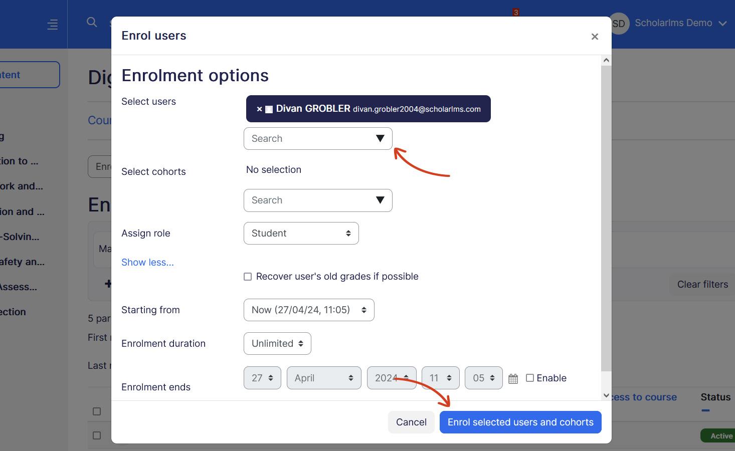Course manual enrollment popup