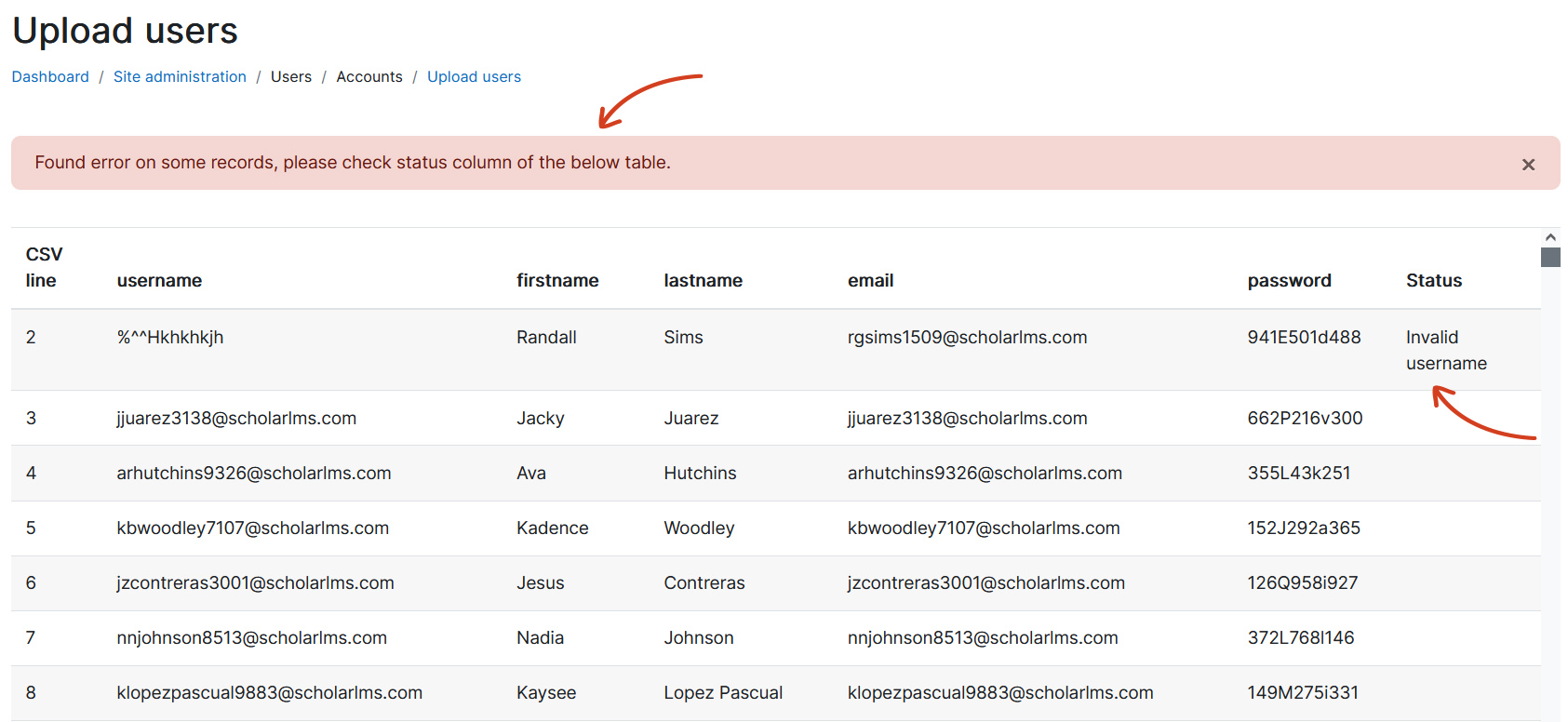 Bulk upload users error