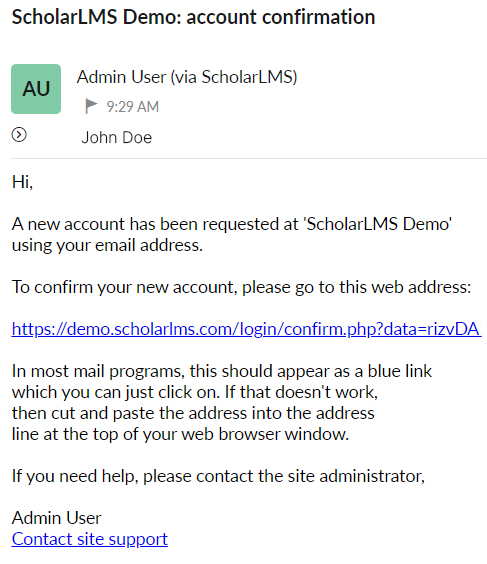 User account confirmation email
