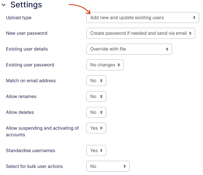 Bulk Upload Existing Users setting