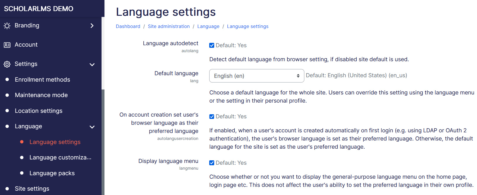 User default Language Settings