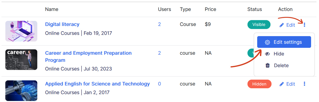 Course Edit Setting Menu