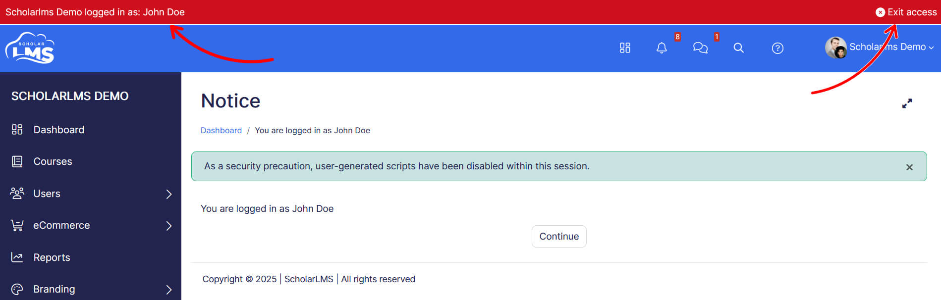 admin user switching notice