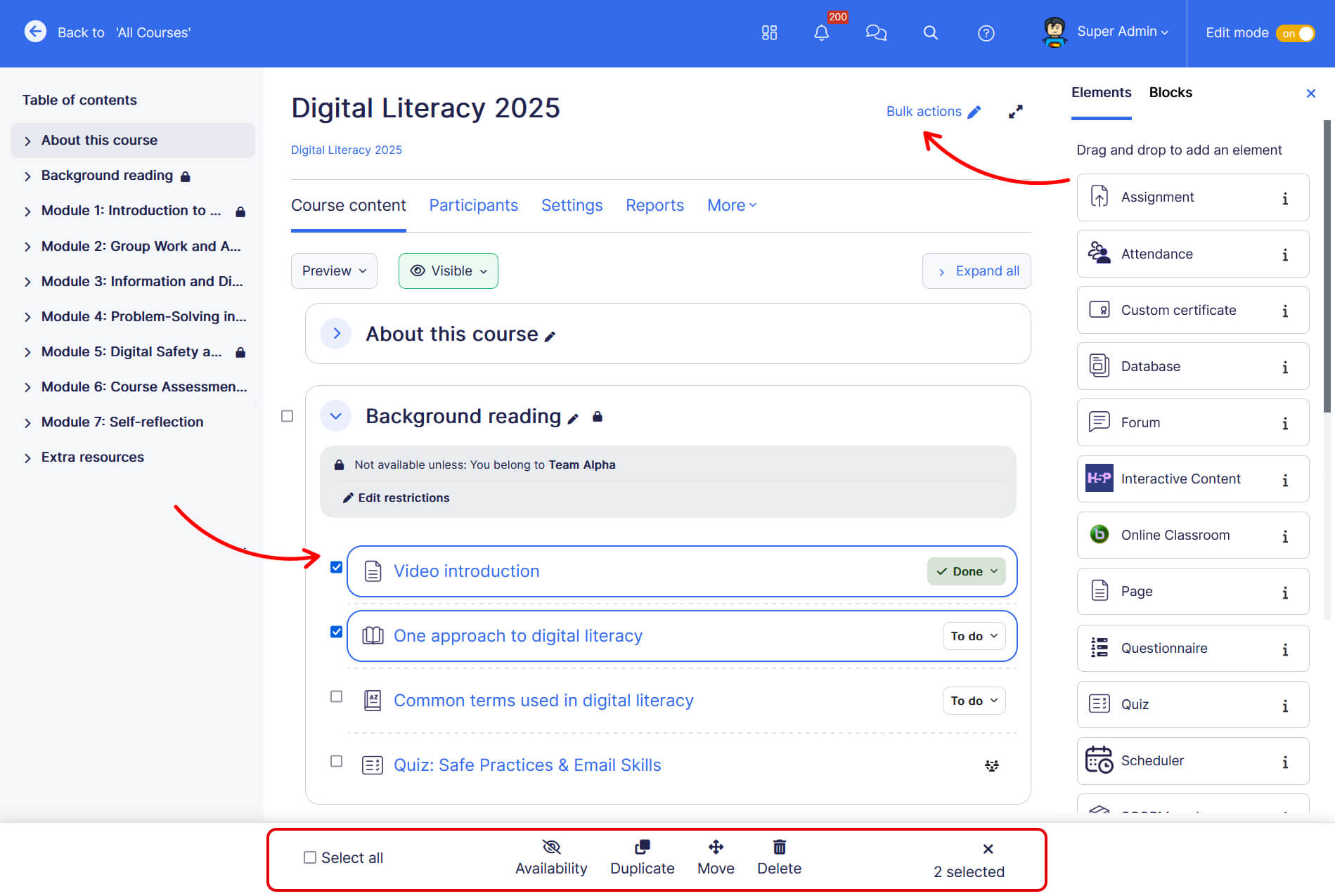 course builder bulk actions