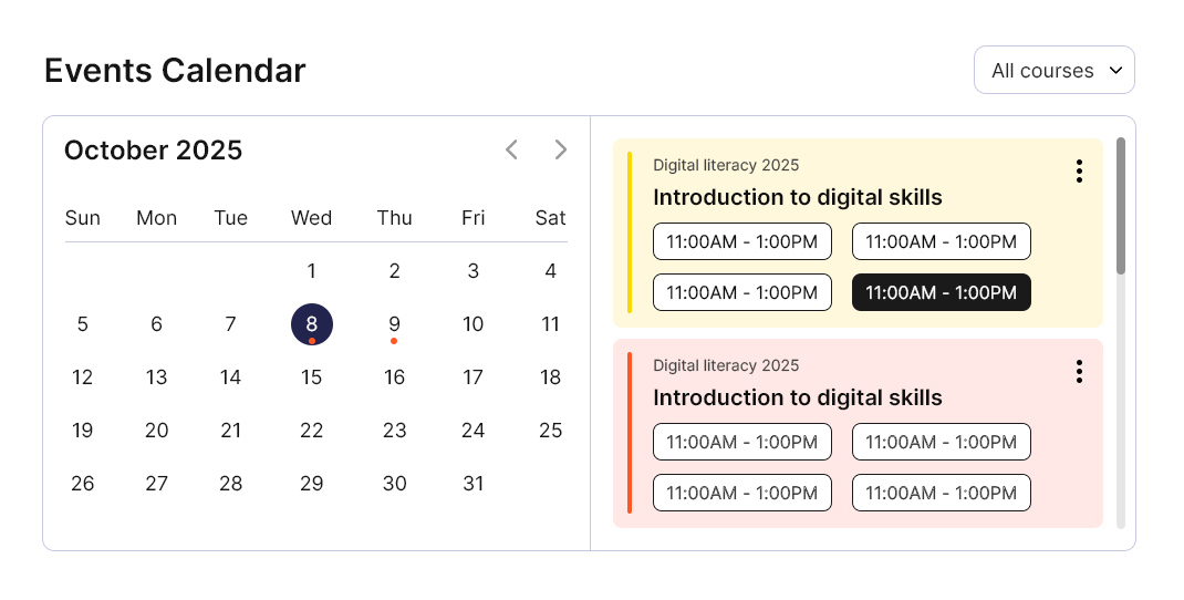 Student upcoming events booking calendar