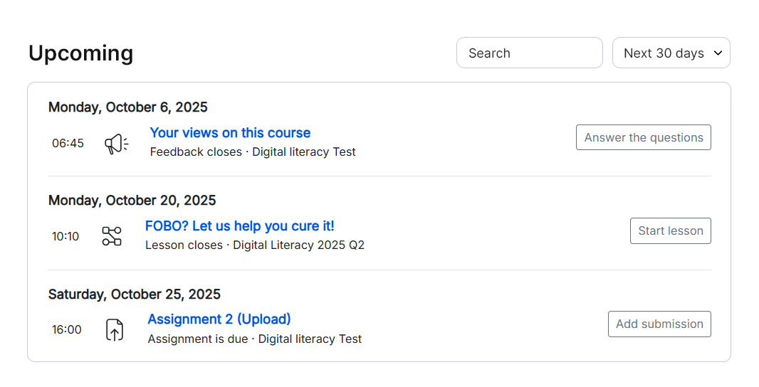 Learner upcoming events activities block