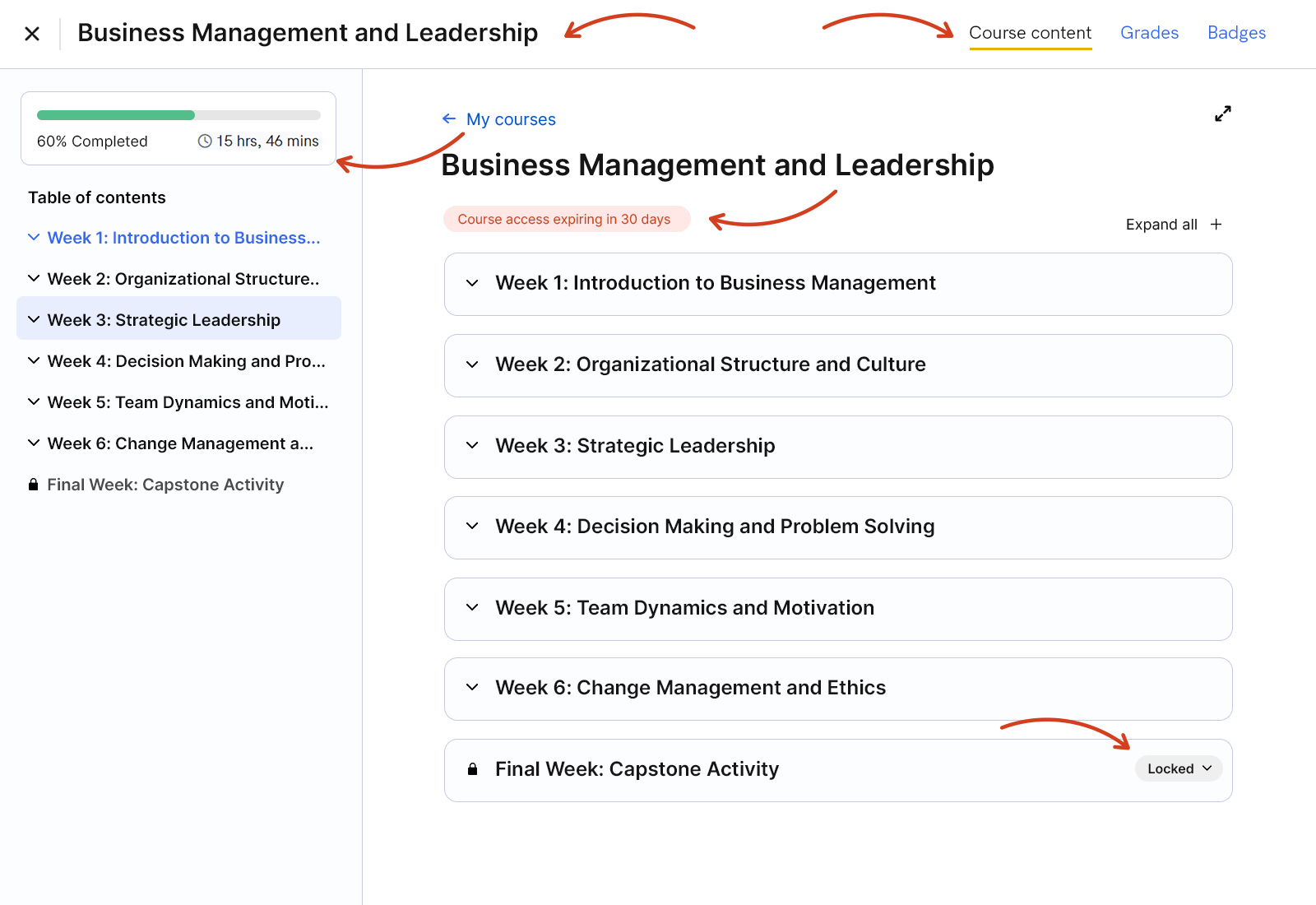 Learner theme 2025 - course page with highlights