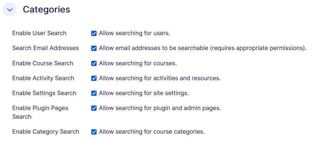 Smart search categories options