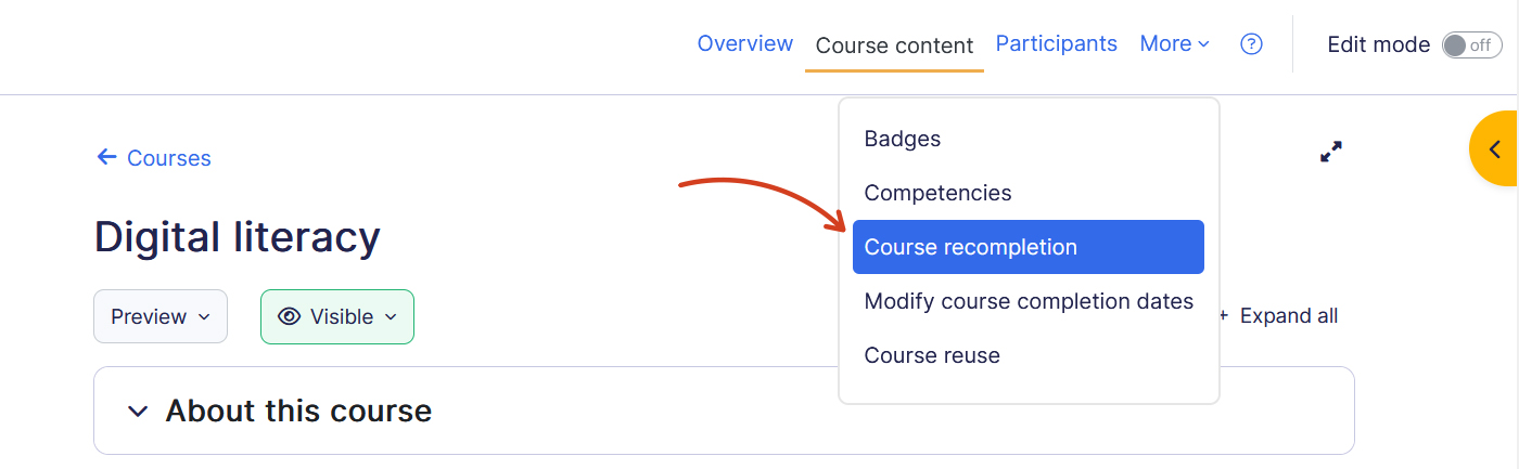 course recompletion menu option