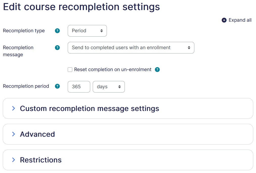 course recompletion settings