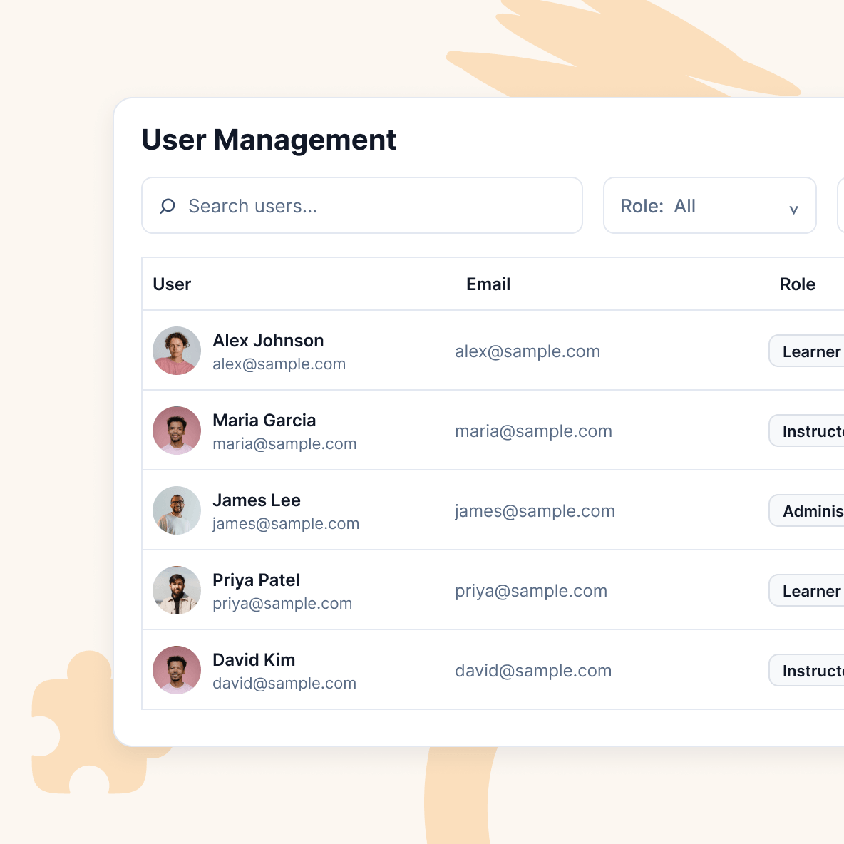 lms-user-management-dashboard LMS user management dashboard showing learners, roles, and account controls