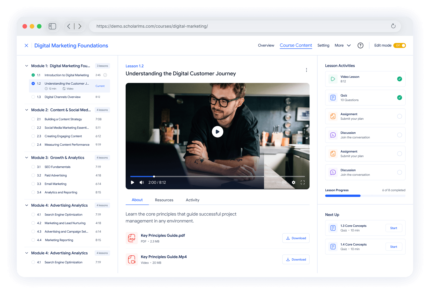 learner-participation-course-interface Online course interface with video learning, activities, and learner participation tools