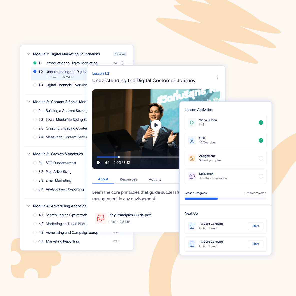 Online course with video, documents, activities, and multimedia learning content