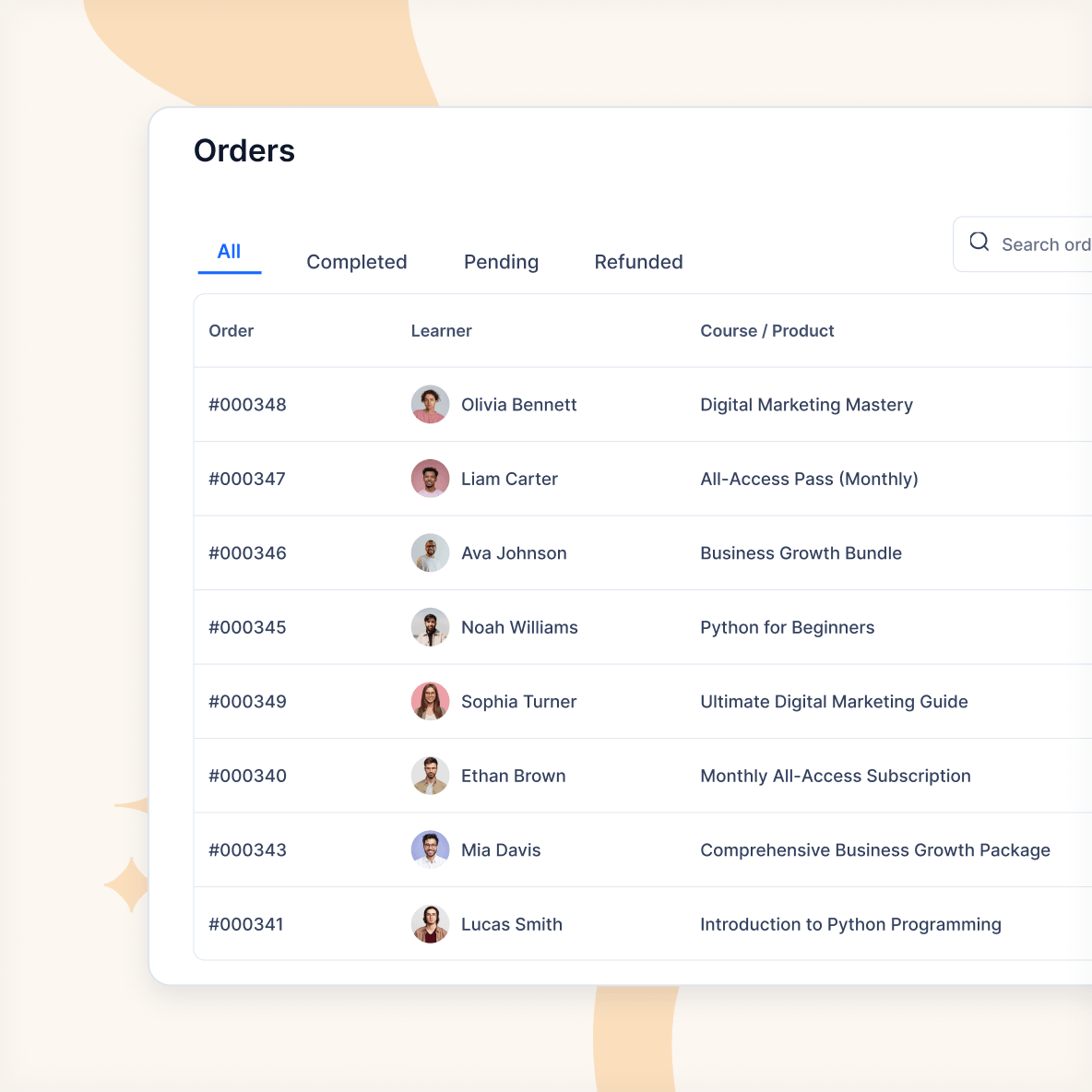 course-orders-enrollments-management Course orders and enrollments management dashboard